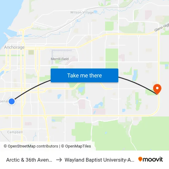 Arctic & 36th Avenue Nne to Wayland Baptist University-Anchorage map