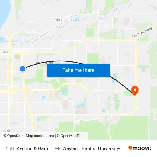 15th Avenue & Gambell Ene to Wayland Baptist University-Anchorage map