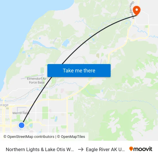 Northern Lights & Lake Otis Wsw to Eagle River AK USA map