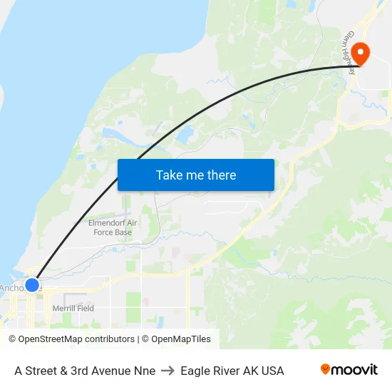 A Street & 3rd Avenue Nne to Eagle River AK USA map