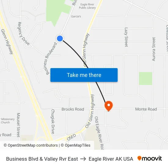 Business Blvd & Valley Rvr East to Eagle River AK USA map