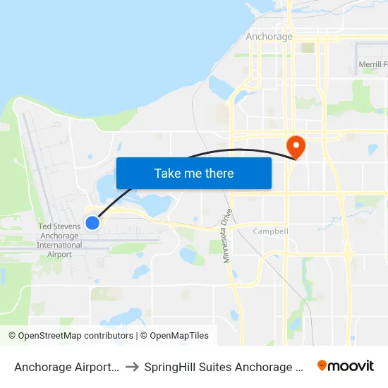Anchorage Airport ANC to SpringHill Suites Anchorage Midtown map