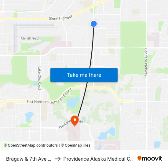 Bragaw & 7th Ave Nne to Providence Alaska Medical Center map