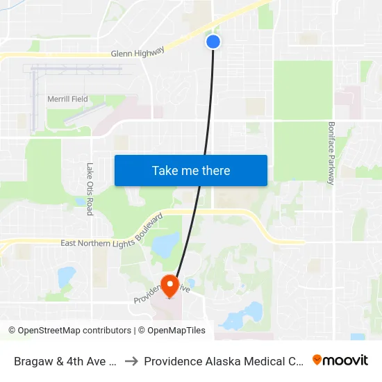 Bragaw & 4th Ave Nne to Providence Alaska Medical Center map