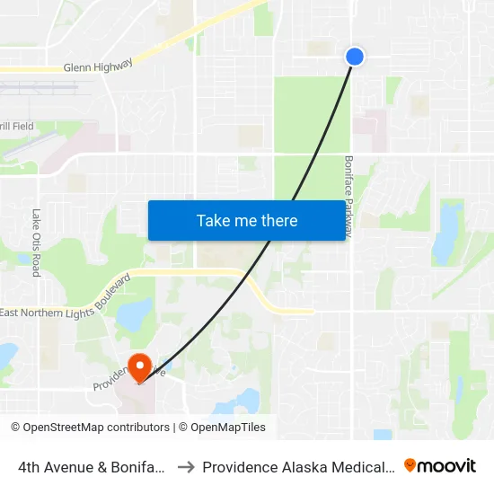 4th Avenue & Boniface Ene to Providence Alaska Medical Center map