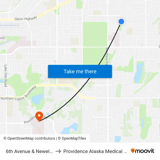 6th Avenue & Newell Ene to Providence Alaska Medical Center map