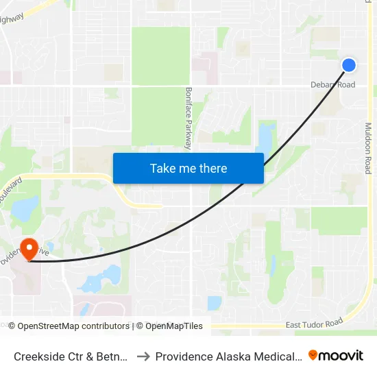 Creekside Ctr & Betnu Wsw to Providence Alaska Medical Center map