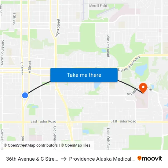 36th Avenue & C Street Ese to Providence Alaska Medical Center map