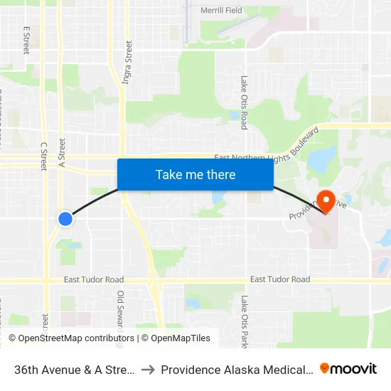 36th Avenue & A Street Ese to Providence Alaska Medical Center map