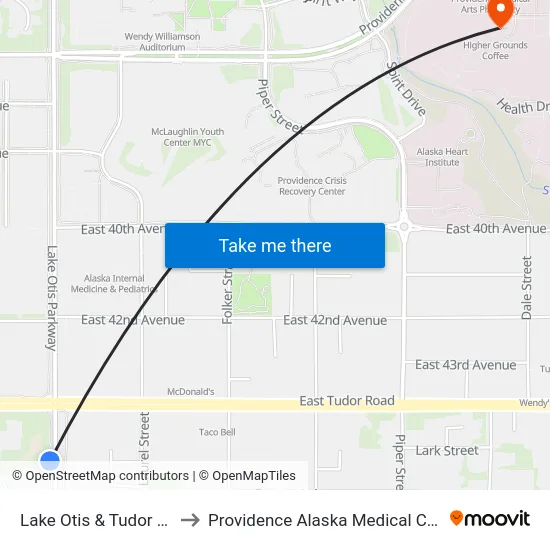 Lake Otis & Tudor Ssw to Providence Alaska Medical Center map
