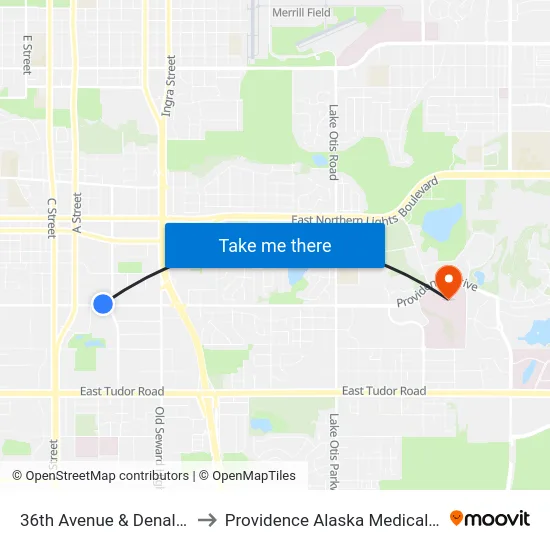36th Avenue & Denali Wnw to Providence Alaska Medical Center map