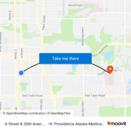 A Street & 36th Avenue Nne to Providence Alaska Medical Center map