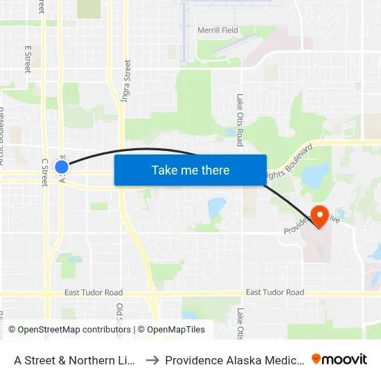 A Street & Northern Lights Nne to Providence Alaska Medical Center map