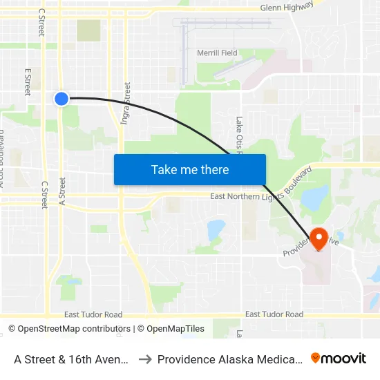 A Street & 16th Avenue Nne to Providence Alaska Medical Center map