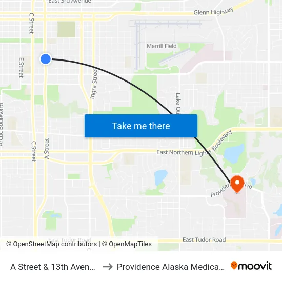 A Street & 13th Avenue Nne to Providence Alaska Medical Center map