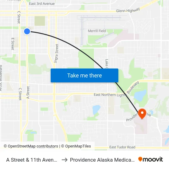 A Street & 11th Avenue Nne to Providence Alaska Medical Center map