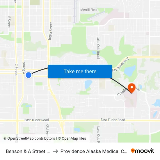 Benson & A Street Ese to Providence Alaska Medical Center map