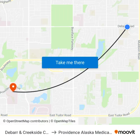 Debarr & Creekside Ctr Wsw to Providence Alaska Medical Center map