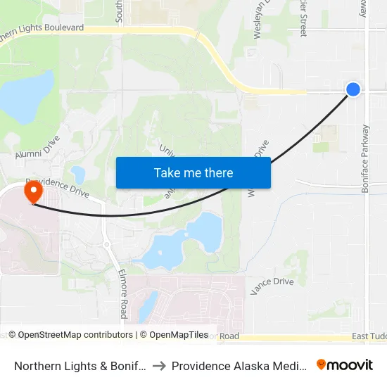 Northern Lights & Boniface Wnw to Providence Alaska Medical Center map