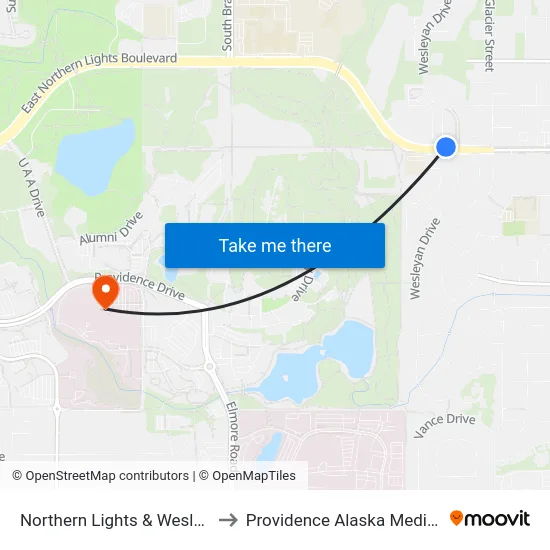 Northern Lights & Wesleyan Wnw to Providence Alaska Medical Center map