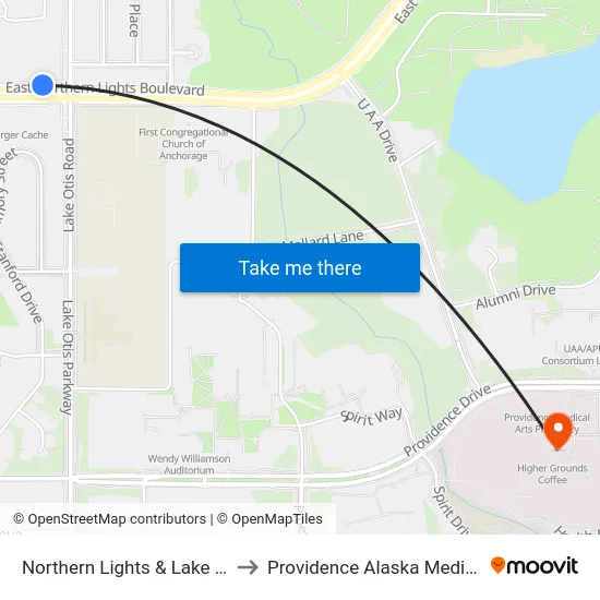 Northern Lights & Lake Otis Wnw to Providence Alaska Medical Center map