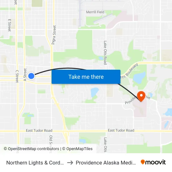 Northern Lights & Cordova Wnw to Providence Alaska Medical Center map