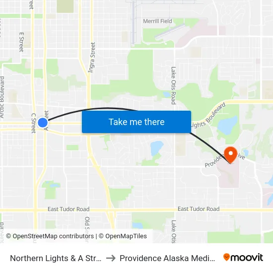 Northern Lights & A Street Wnw to Providence Alaska Medical Center map