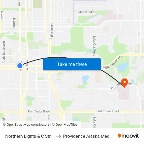 Northern Lights & C Street Wnw to Providence Alaska Medical Center map