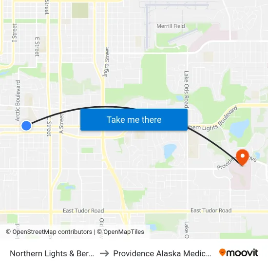 Northern Lights & Bering Ene to Providence Alaska Medical Center map