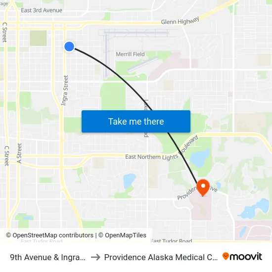 9th Avenue & Ingra Ese to Providence Alaska Medical Center map