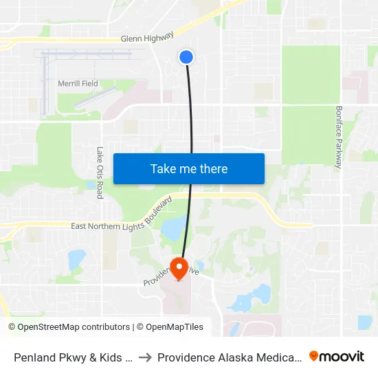 Penland Pkwy & Kids Ct Ese to Providence Alaska Medical Center map