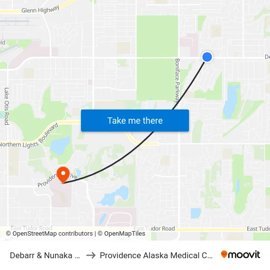 Debarr & Nunaka Ene to Providence Alaska Medical Center map