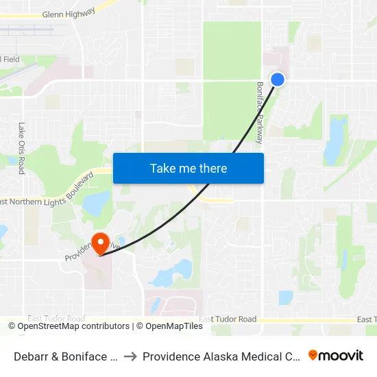 Debarr & Boniface Ene to Providence Alaska Medical Center map