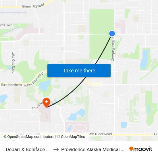 Debarr & Boniface Wnw to Providence Alaska Medical Center map