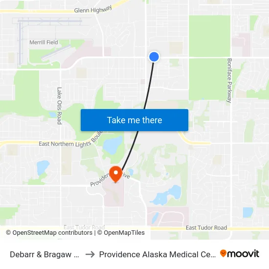 Debarr & Bragaw Ene to Providence Alaska Medical Center map
