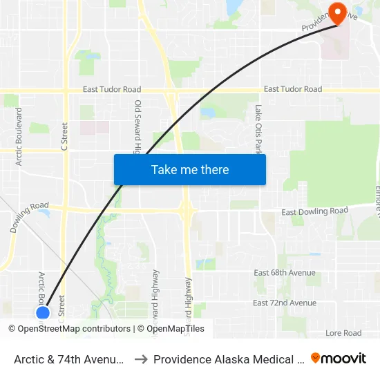 Arctic & 74th Avenue Nnw to Providence Alaska Medical Center map