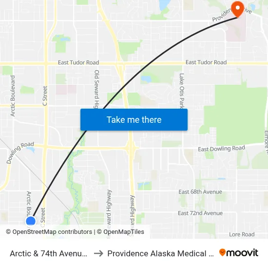 Arctic & 74th Avenue Nne to Providence Alaska Medical Center map