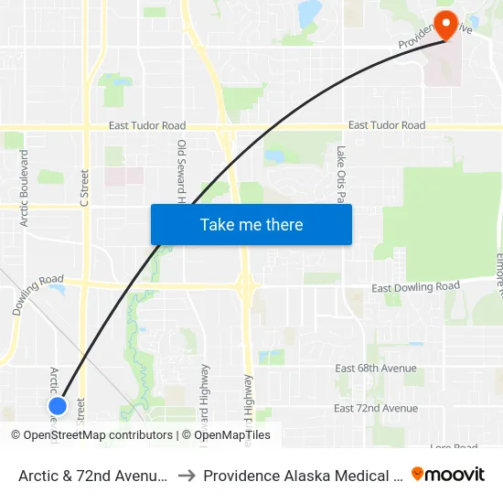 Arctic & 72nd Avenue Nne to Providence Alaska Medical Center map