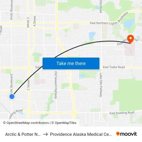 Arctic & Potter Nne to Providence Alaska Medical Center map
