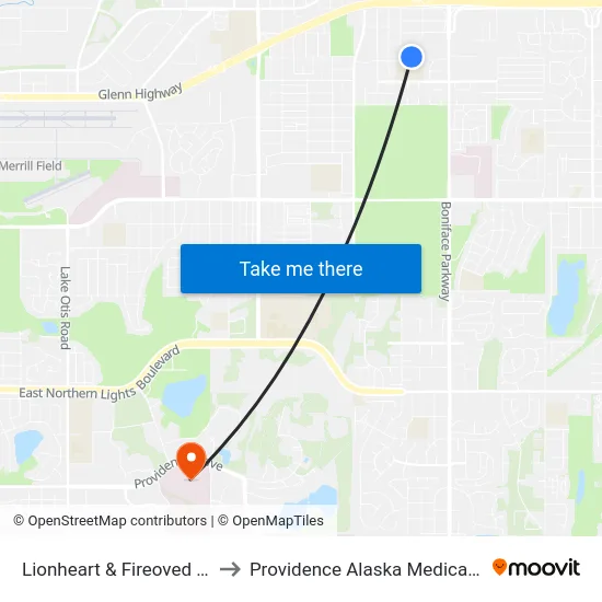 Lionheart & Fireoved Dr Ese to Providence Alaska Medical Center map