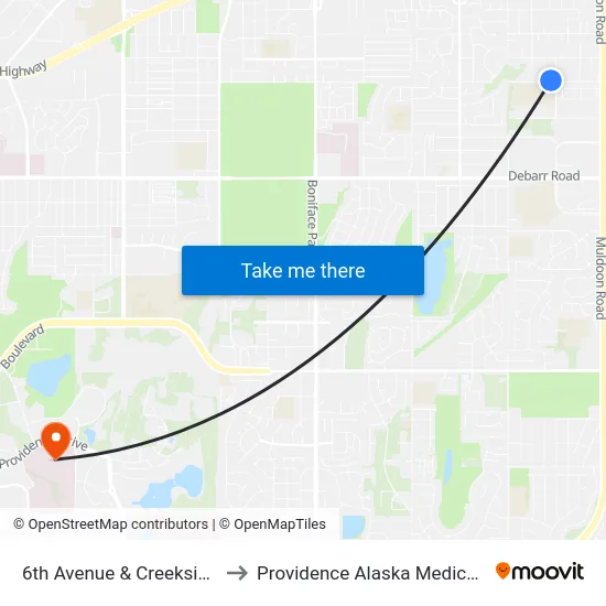 6th Avenue & Creekside Wnw to Providence Alaska Medical Center map