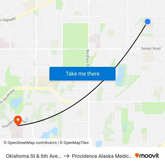Oklahoma St & 6th Avenue Nne to Providence Alaska Medical Center map