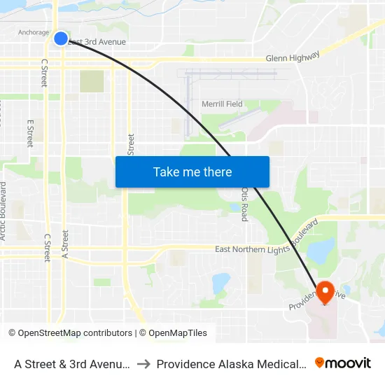 A Street & 3rd Avenue Nne to Providence Alaska Medical Center map