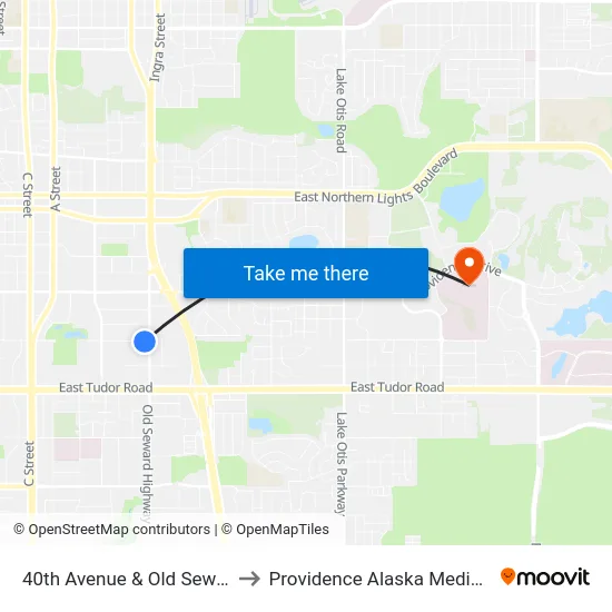 40th Avenue & Old Seward Wsw to Providence Alaska Medical Center map