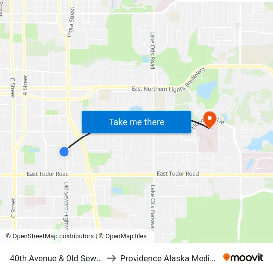 40th Avenue & Old Seward Wnw to Providence Alaska Medical Center map