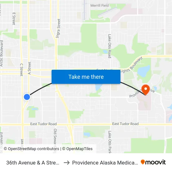 36th Avenue & A Street Wnw to Providence Alaska Medical Center map
