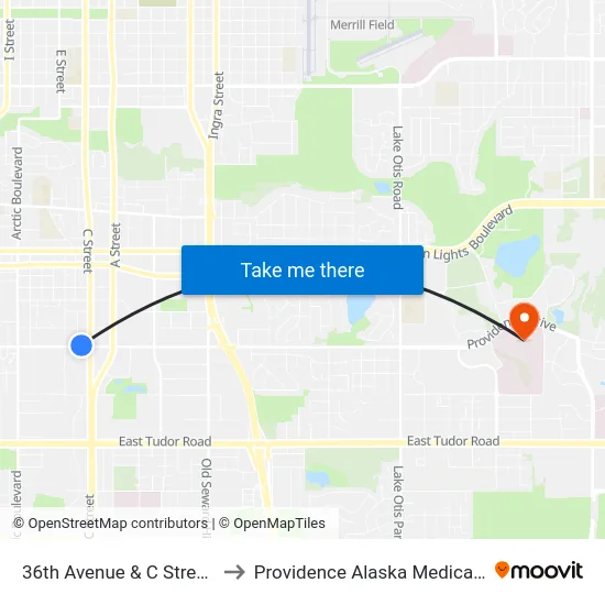 36th Avenue & C Street Wnw to Providence Alaska Medical Center map