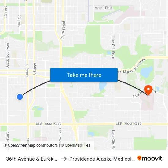 36th Avenue & Eureka Wnw to Providence Alaska Medical Center map