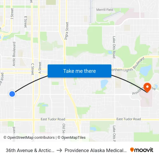36th Avenue & Arctic Wnw to Providence Alaska Medical Center map