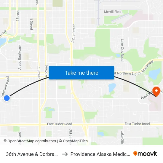 36th Avenue & Dorbrandt Wnw to Providence Alaska Medical Center map